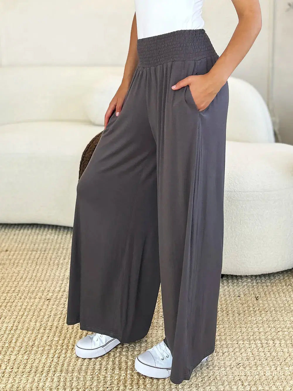 Basic Bae Full Size Smocked Wide Waistband Wide Leg Pants - Love Salve